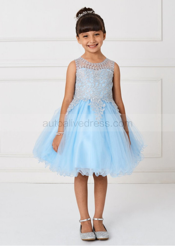 Sky Blue Lace Tulle Keyhole Back Flower Girl Dress